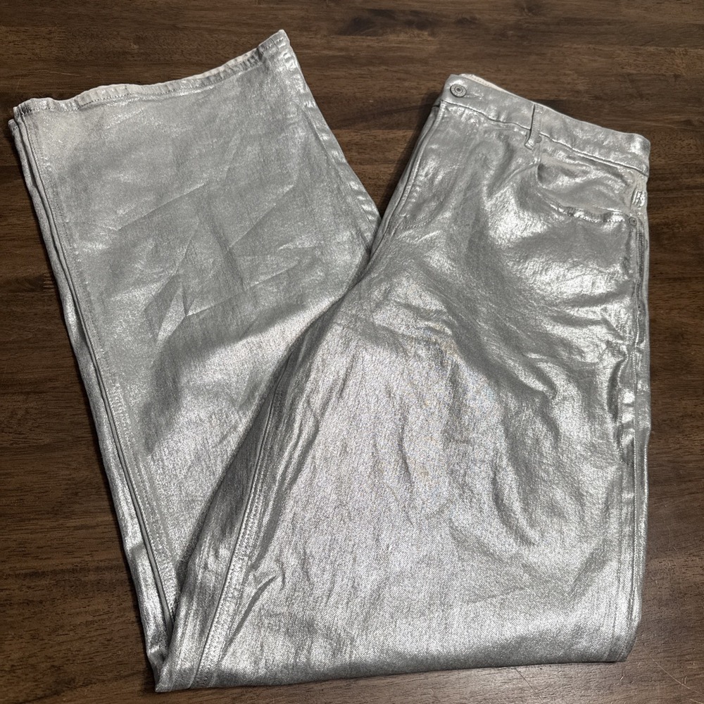 American Eagle High Rise Baggy Wide Leg Jeans Silver Metallic 14 Long Spacecore